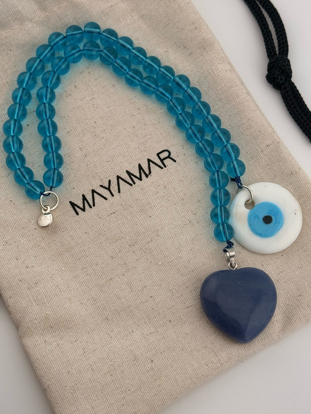 MAYAMAR Evil Eye Love Bag Charm Natural Jade Blue Beaded NWT